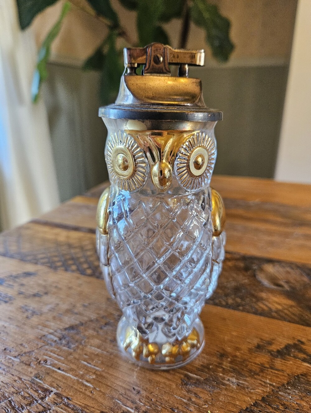 Vintage Famosa Gold Tone Glass Owl Table Top Cigarette/Cigar Lighter (Austria)